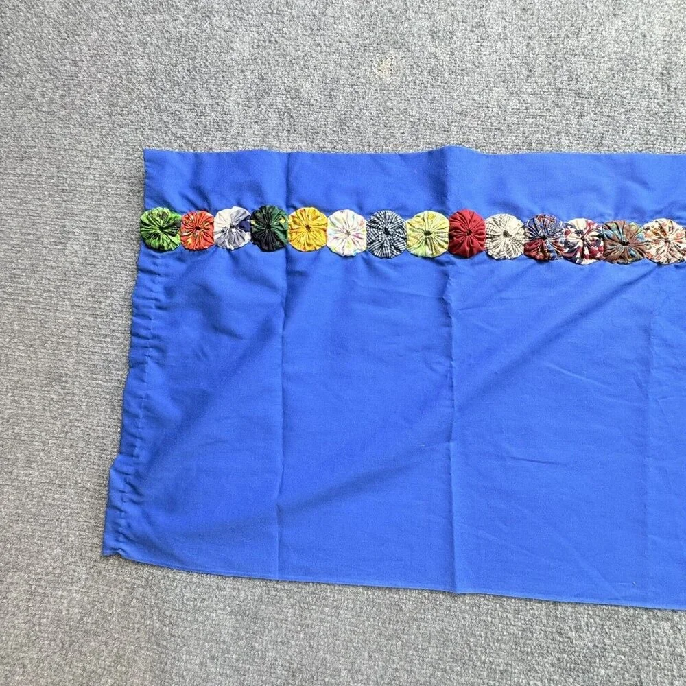 Handmade Blue Table Runner 53x17 Boho Retro Raised Fabric Flower Trim Cottage‎